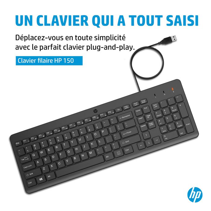 HP Clavier filaire ergonomique HP 150 - Clavier AZERTY Français avec pavé numérique, témoins LED et garantie de 2 ans