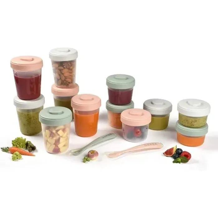 Beaba Pack 1er Repas avec 12 Portions de Conservation Clip, 2 Cuillères en Silicone - Eucalyptus - Pour Préparation, Transport et Stockage des Repas de Bébé