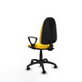 Chaise de bureau Algarra avec mécanisme de contact permanent de base, rembourrée de simili cuir jaune. Équipée d'une base en polyamide noir, d'accoudoirs fixes et de roulettes autobloquantes.