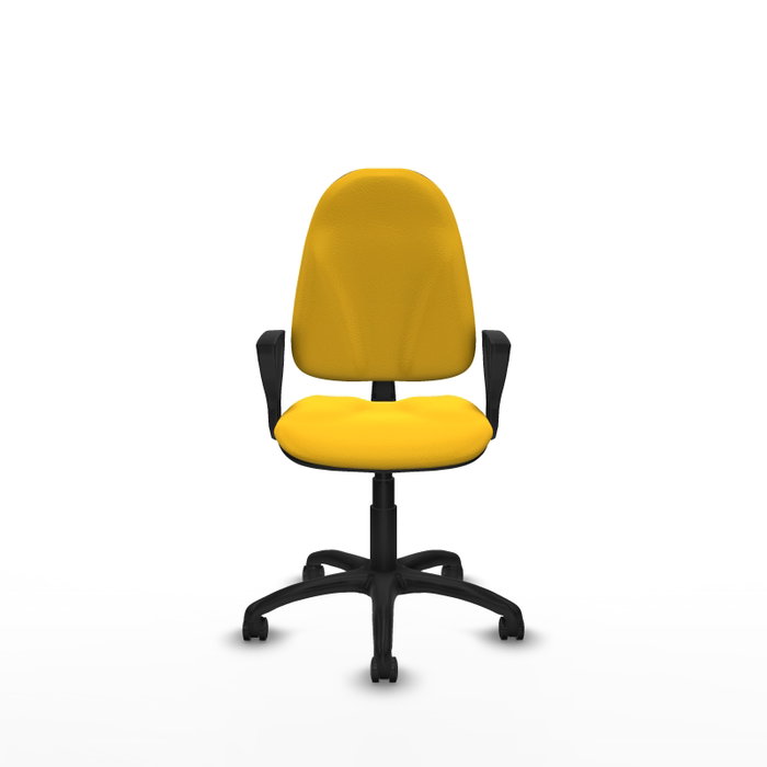 Chaise de bureau Algarra avec mécanisme de contact permanent de base, rembourrée de simili cuir jaune. Équipée d'une base en polyamide noir, d'accoudoirs fixes et de roulettes autobloquantes.