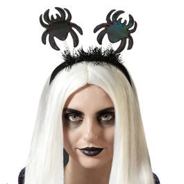 Diadema Araignées pour Halloween Noir Adulte Femme - Ornement avec Deux Araignées à Paillettes et Ressorts Animés