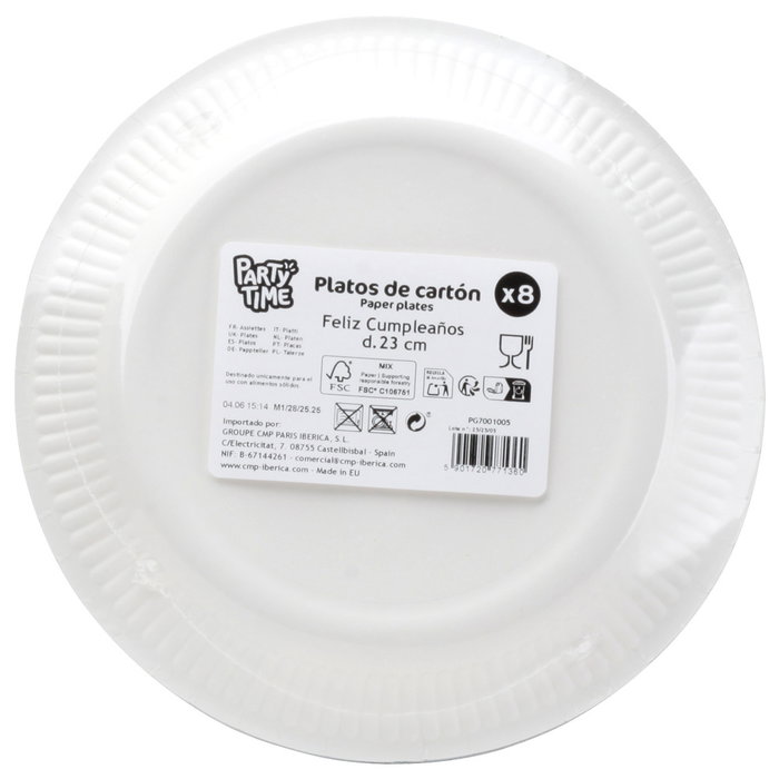 Party Time Lot de 8 assiettes en carton 23 cm