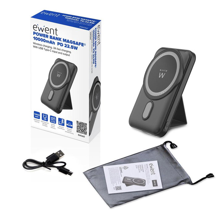 Ewent EW1162 Powerbank sans fil MagSafe 10000mAh 22.5W PD QC Chargeur portable avec support pliable