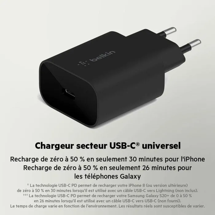 Belkin - Chargeur Secteur USB-C 25W PD PPS Noir - Pour Recharge Ultra-Rapide