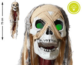 Craneo Crâne suspendu décoratif avec bandages et yeux verts lumineux, 75 cm, décoration sombre et mystique pour Halloween et intérieurs