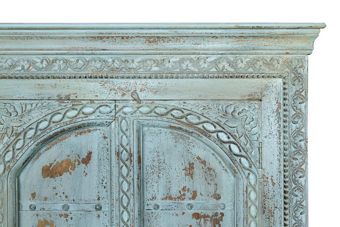 GINER Y COLOMER - Armoire en bois de manguier massif, 2 portes et 3 étagères, finition vert bleuté craquelé style ancien - 204x117x45 cm