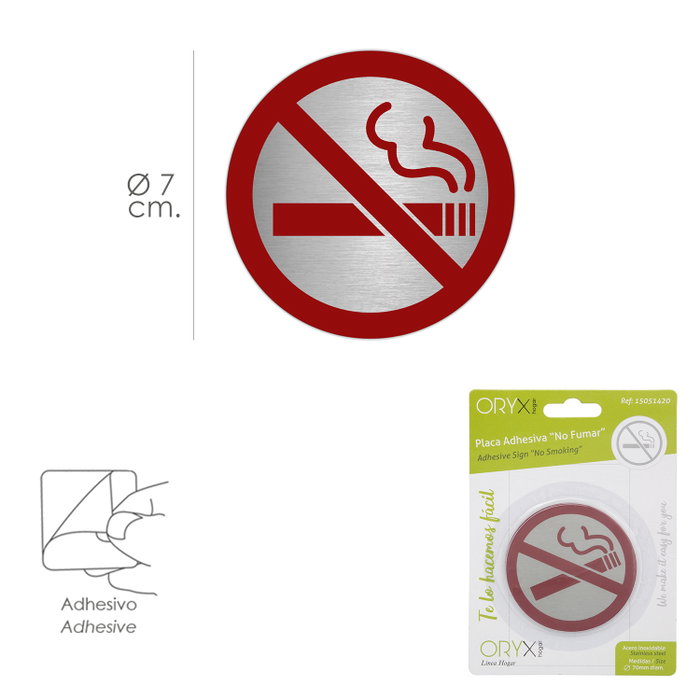 ORYX Plaque Adhésive No Fumar en Acier Inoxydable Ø 7 cm ORYX Plaque Adhésive No Fumar en Acier Inoxydable Ø 7 cm