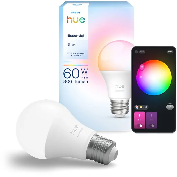 Philips Hue Essential - Ampoule LED connectée A60 - Blanc et couleurs, gradation et scénarios - Compatible Philips Hue