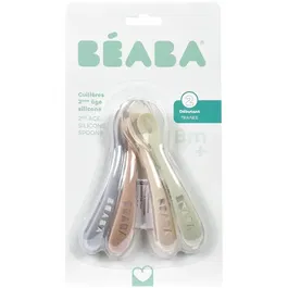 Beaba Natural set - Lot de 4 cuillères 2ème âge en silicone - Ergonomique et sûre pour l'apprentissage de bébé