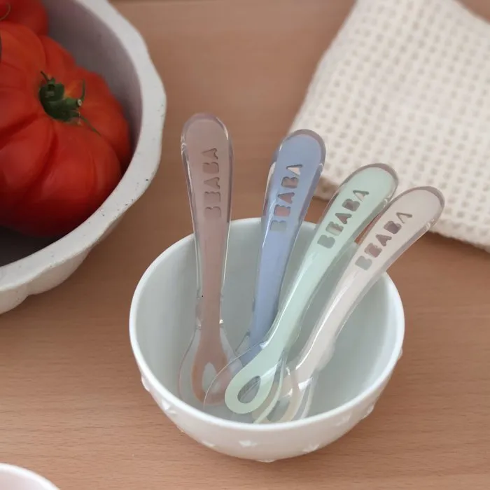 Beaba Lot de 4 cuillères 2ème âge en silicone - Gris et vert sauge