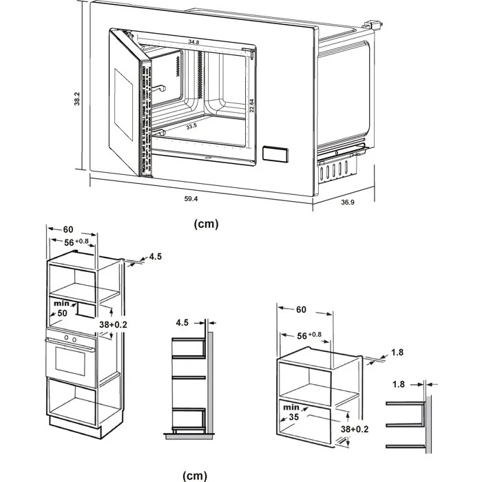 Continental Edison CEMO26GEFB Micro-ondes encastrable sans plateau tournant Flatbed - Noir - 26 L - 1450 W - Gril - 59.5 x pro3.6.9 x 38.2 cm