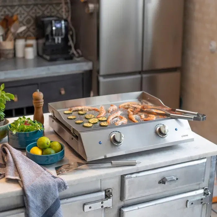 Livoo DOC302 Plancha électrique inox 2800W - Plaque amovible en acier inoxydable avec 2 thermostats ajustables - 300°C max