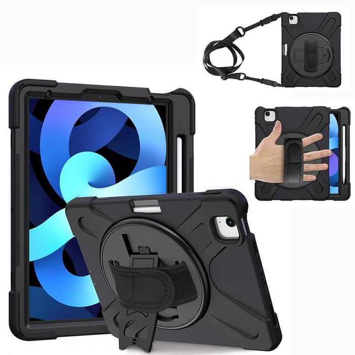 eSTUFF Coque Defender Austin pour iPad Pro 11 (2022/2020/2018) et iPad Air 5/4 (10,9 Pouces) avec Support Rotatif 360 Degrés et Sangle - Noir