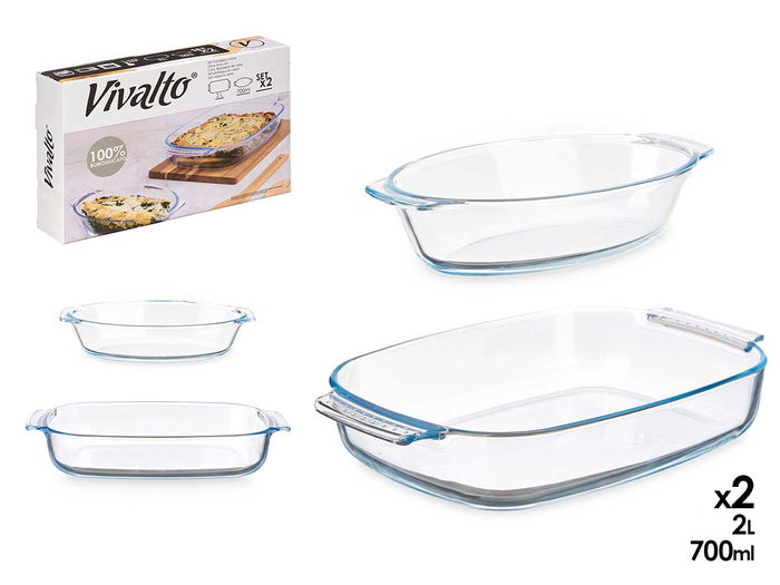 Vivalto Set de 2 plats en borosilicate transparent 700 ml et 2 L 30x20x6 cm (Set de 6) Vivalto Set de 2 plats en borosilicate transparent 700 ml et 2 L 30x20x6 cm (Set de 6)