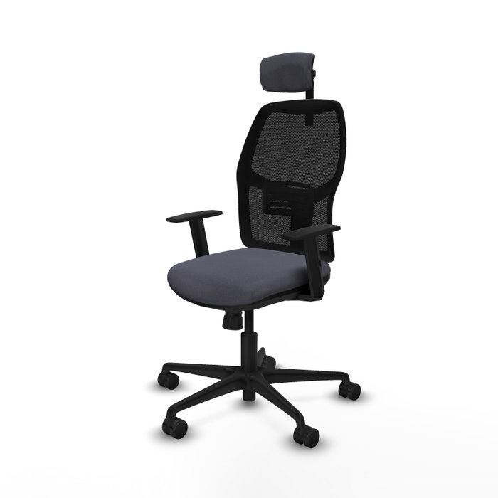 Chaise Alfera Synchro 4 positions tissu Gris foncé Maille Noir Base en nylon noir Accoudoir 1D Appui-tête 2D Roulettes 65mm nylon