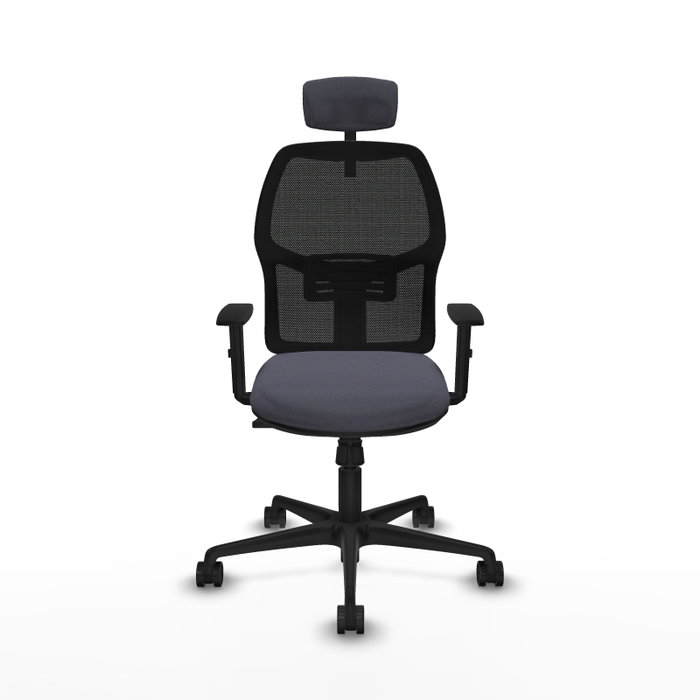 Chaise Alfera Synchro 4 positions tissu Gris foncé Maille Noir Base en nylon noir Accoudoir 1D Appui-tête 2D Roulettes 65mm nylon