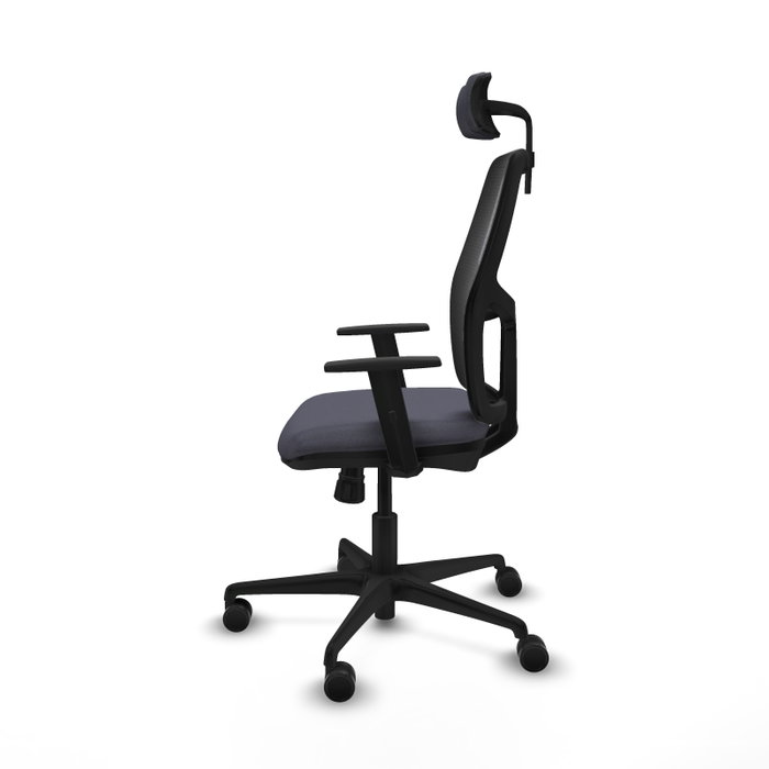 Chaise Alfera Synchro 4 positions tissu Gris foncé Maille Noir Base en nylon noir Accoudoir 1D Appui-tête 2D Roulettes 65mm nylon