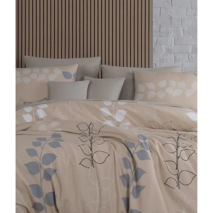 Parure de lit 1 housse de couette 220 x 240 cm + 2 taies 60 x 60 cm - 100% coton renforcé King Size - Beige, Gris, Blanc