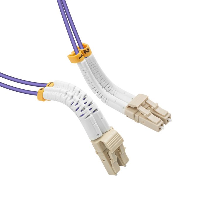Lanview Câble fibre optique multimode LC-LC duplex 2 m OM4 LSZH flexible et articulé, diamètre 2 mm, courbure 30 mm, couleur violet - pour data center