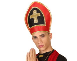 Chapeau Papal Adulte pour Costume - Rouge et Noir avec Croix Dorée - Accessoire de Déguisement pour Fêtes Thématiques, Carnaval