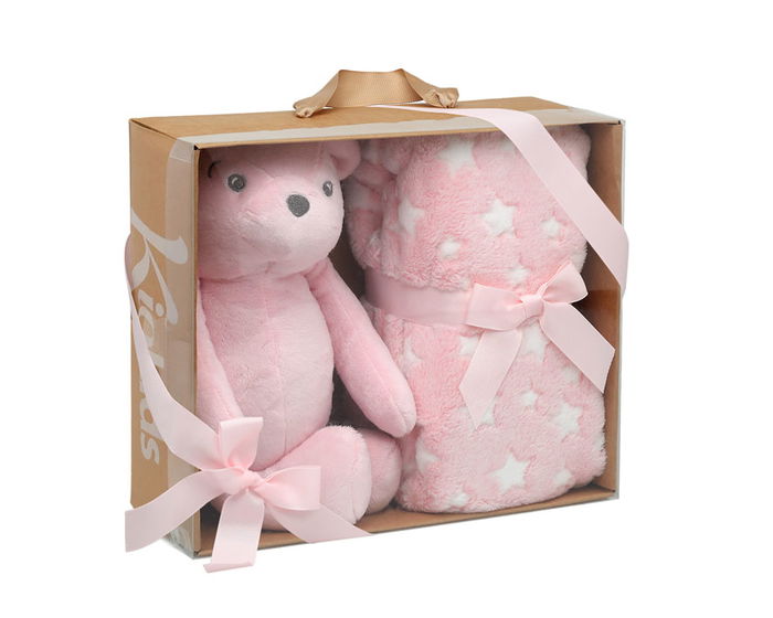 KioKids - Ours en peluche rose avec couverture étoilée pour bébé, doudou d'attache et cadeau naissance - 25 cm, 100% polyester KioKids - Ours en peluche rose avec couverture étoilée pour bébé, doudou d'attache et cadeau naissance - 25 cm, 100% polyester