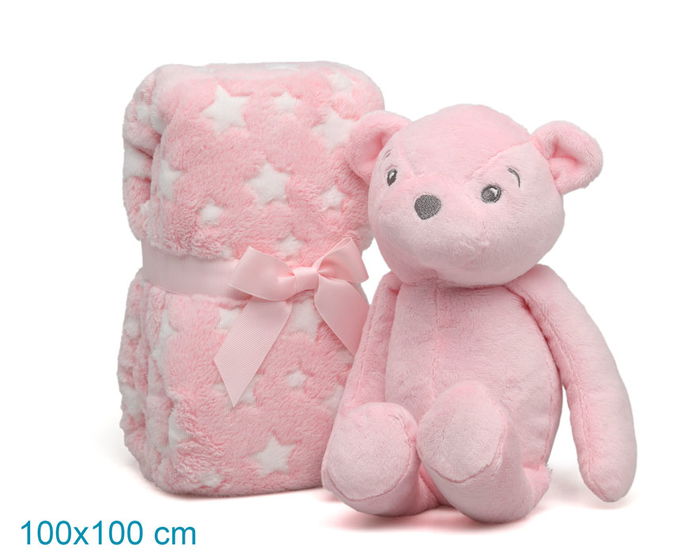 KioKids - Ours en peluche rose avec couverture étoilée pour bébé, doudou d'attache et cadeau naissance - 25 cm, 100% polyester KioKids - Ours en peluche rose avec couverture étoilée pour bébé, doudou d'attache et cadeau naissance - 25 cm, 100% polyester