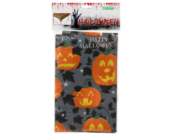 Nappe Halloween grise avec citrouilles oranges et phrases 132x177 cm Nappe Halloween grise avec citrouilles oranges et phrases 132x177 cm