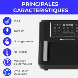 Continental Edison Friteuse à Air CEFR2400TB - Sans Huile - 10.5L - 2600W - 12 Programmes - Noir