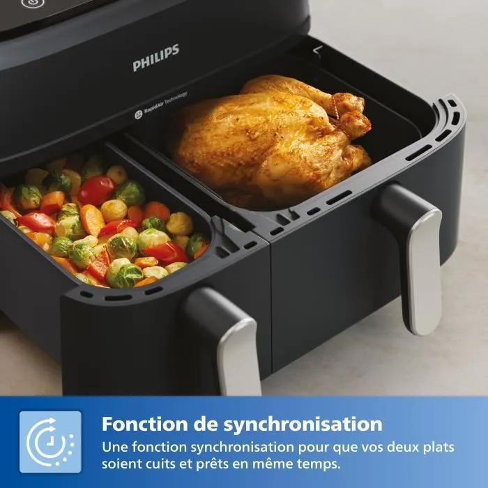 Philips NA351/00 - Friteuse sans huile Airfryer Double Panier 9L, 2750W, 8 préréglages, Synchronisation des cuissons, Noir/Argent