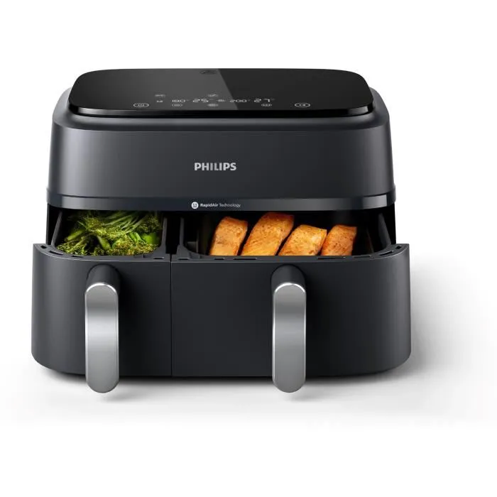 Philips NA351/00 - Friteuse sans huile Airfryer Double Panier 9L, 2750W, 8 préréglages, Synchronisation des cuissons, Noir/Argent