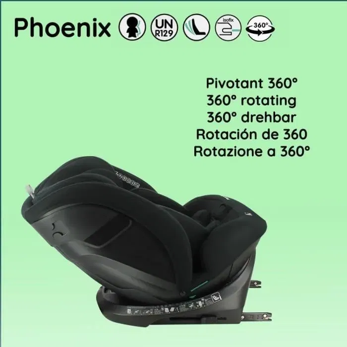 Nania Phoenix Siège Auto Évolutif i-Size Pivotant 360° Groupe 0/1/2/3 jusqu'à 12 ans avec Système ISOFIX et Harnais 5 Points - Noir