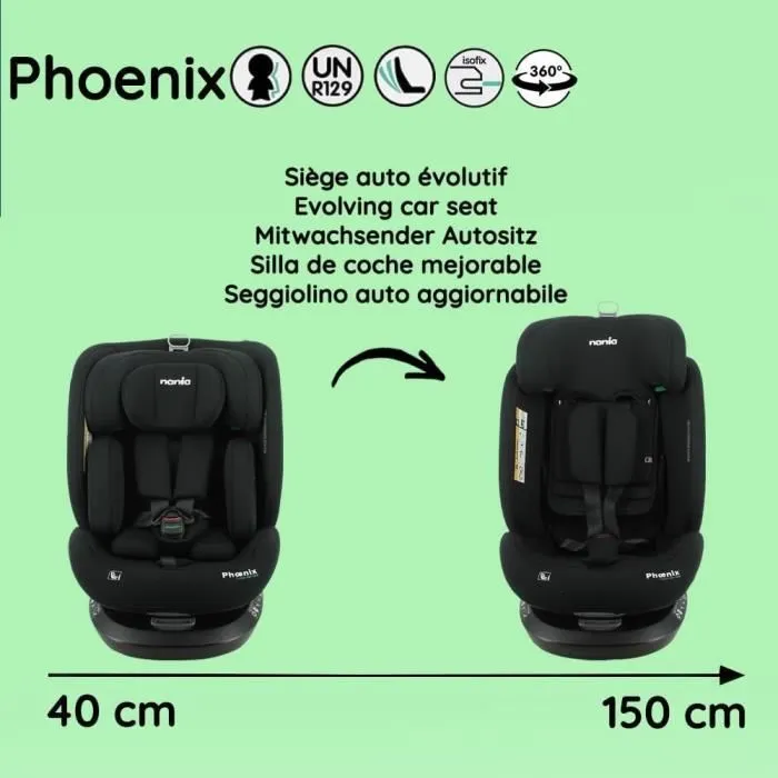Nania Phoenix Siège Auto Évolutif i-Size Pivotant 360° Groupe 0/1/2/3 jusqu'à 12 ans avec Système ISOFIX et Harnais 5 Points - Noir