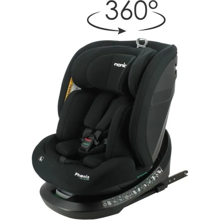 Nania Phoenix Siège Auto Évolutif i-Size Pivotant 360° Groupe 0/1/2/3 jusqu'à 12 ans avec Système ISOFIX et Harnais 5 Points - Noir