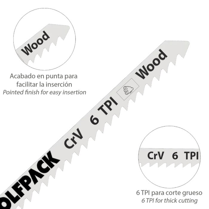 WOLFPACK LINEA PROFESIONAL Lot de 5 lames de scie sauteuse pour bois, coupe grossière, tige en T