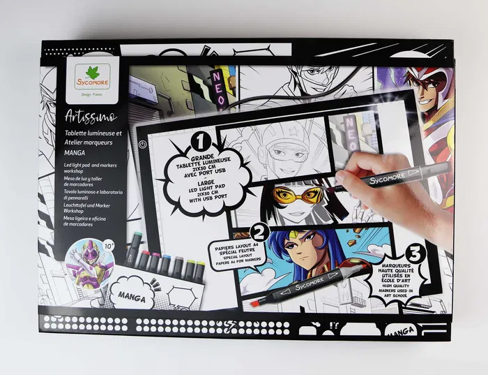 Sycomore Artissimo - Tablette lumineuse XXL et atelier Manga avec marqueurs à alcool et papiers layout, kit illustration dès 10 ans