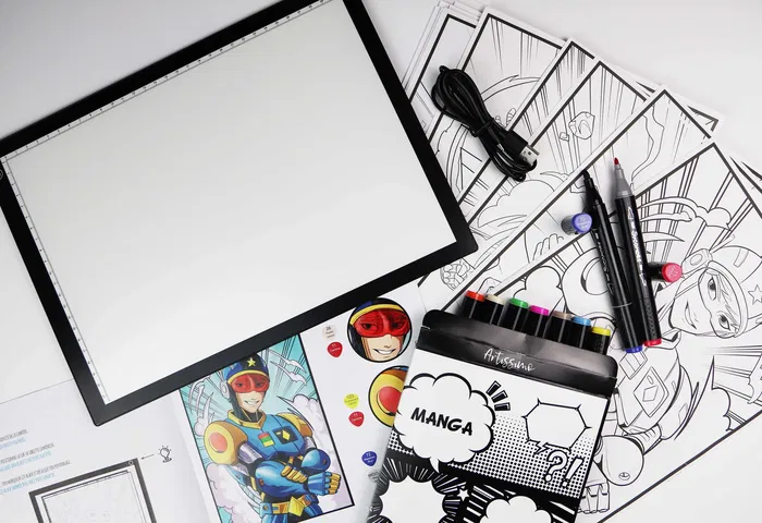 Sycomore Artissimo - Tablette lumineuse XXL et atelier Manga avec marqueurs à alcool et papiers layout, kit illustration dès 10 ans