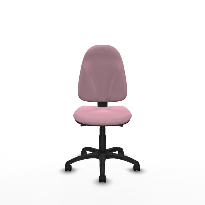 Chaise de bureau Algarra avec mécanisme asynchrone, rembourrée de tissu rose. Équipée d'une base en polyamide noir, sans accoudoirs et de roulettes en nylon de 50 mm.