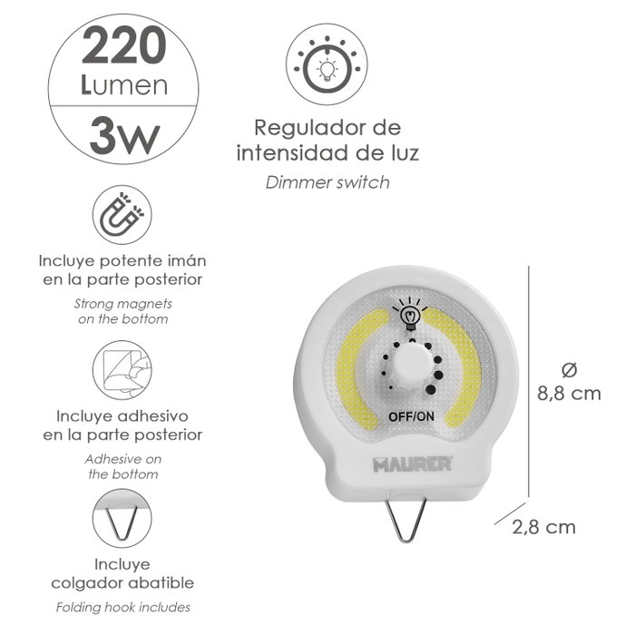 MAURER Lampe torche LED réglable avec aimant et crochet, 220 lumens
