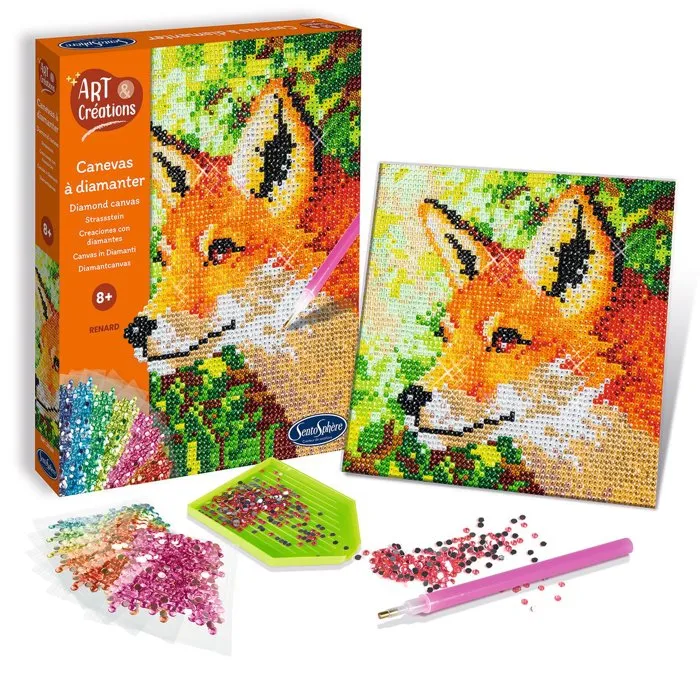 Sentosphere Art & Créations - Création à base de mini strass, Canevas à Diamanter Renard, Activité antistress, Dès 8 ans