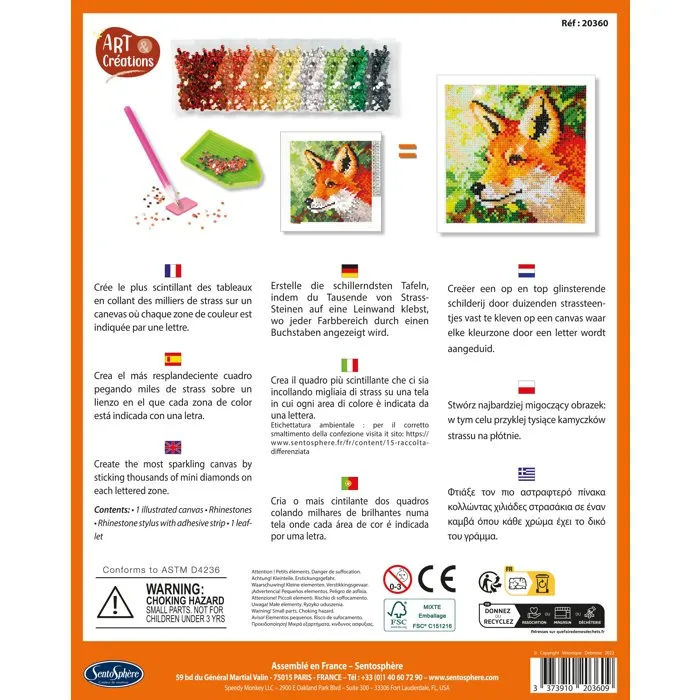 Sentosphere Art & Créations - Création à base de mini strass, Canevas à Diamanter Renard, Activité antistress, Dès 8 ans