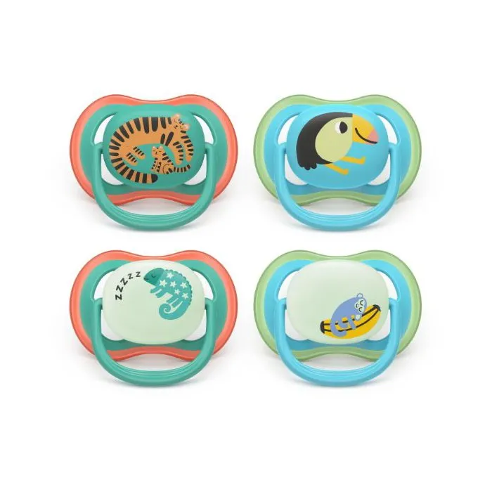 Philips Avent SCF087/27 Lot de 4 sucettes Ultra Air, sans BPA, brillent dans le noir, 6-18 mois, jour et nuit, vert/orange, 80% matériaux d'origine végétale