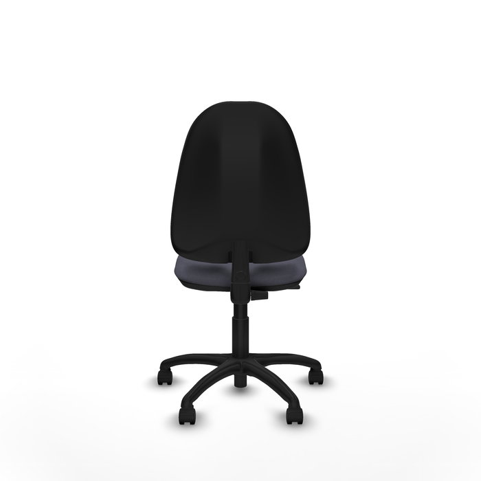 Chaise de bureau Algarra avec mécanisme de contact permanent de base, recouverte de tissu gris foncé. Équipée d'une base en polyamide noir, sans accoudoirs et de roulettes en nylon de 50 mm.