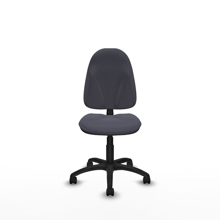 Chaise de bureau Algarra avec mécanisme de contact permanent de base, recouverte de tissu gris foncé. Équipée d'une base en polyamide noir, sans accoudoirs et de roulettes en nylon de 50 mm.