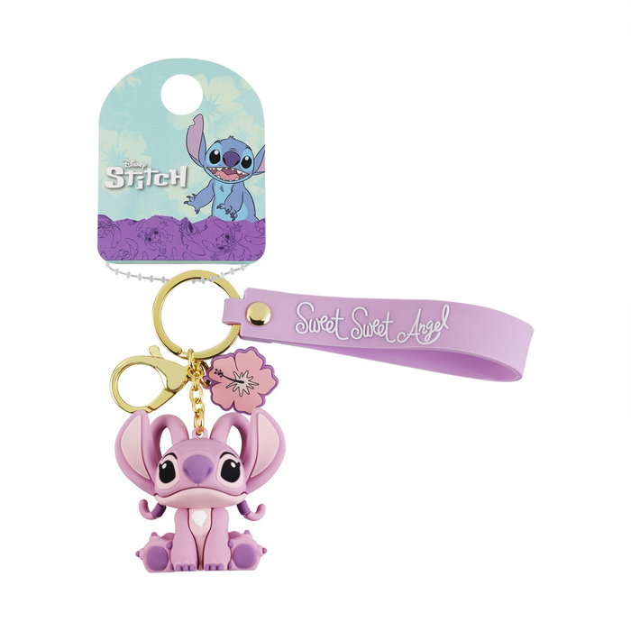 Disney Porte-clés Llavero Angel Stitch en or avec charme ange 3D et fleur rose - Accessoire de collection