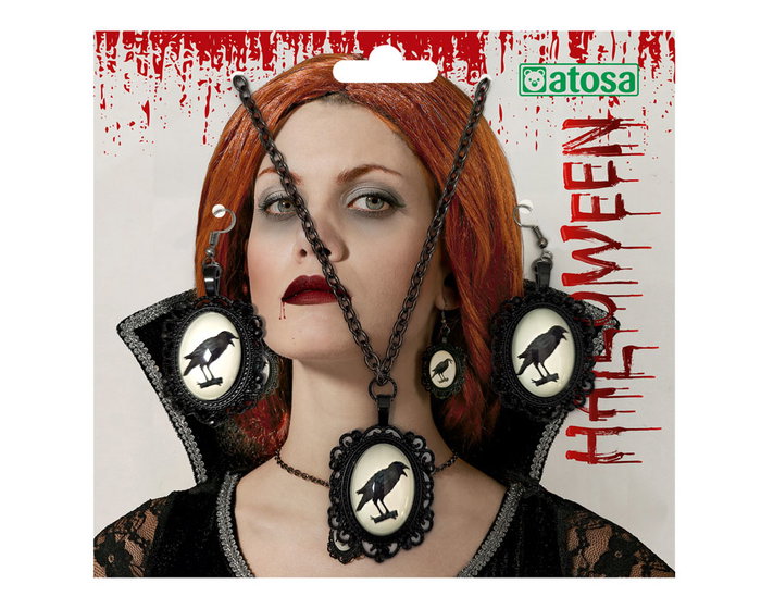JewelsCraft Set de bijoux victorien à thème corbeau pour costume de vamp - Collar et boucles d'oreilles assortis pour look gothique et élégant - Halloween, cosplay