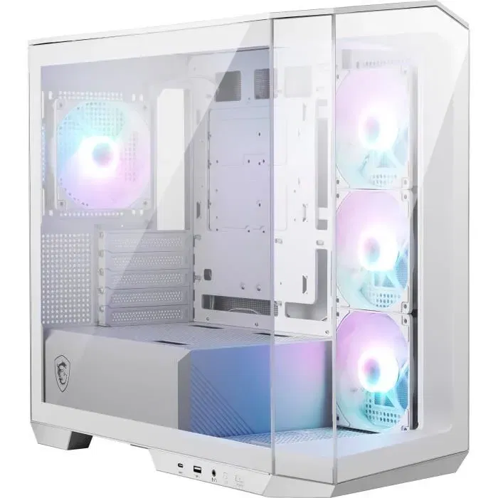 MSI MAG PANO M100R PZ - Boîtier PC Gamer Blanc avec Écran Panoramique 270°, Carte Mère à Connexion Arrière et Ventilateur à Lame Inversée