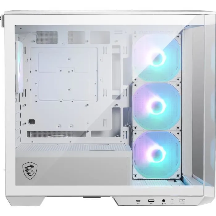 MSI MAG PANO M100R PZ - Boîtier PC Gamer Blanc avec Écran Panoramique 270°, Carte Mère à Connexion Arrière et Ventilateur à Lame Inversée