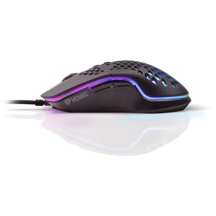 Yenkee Souris Gaming SHOTGUN YMS 3030BK, 6400 DPI, Design Perforé Léger 75g, Rétroéclairage RGB, Capteur IC 6651, 7 Boutons Programmable