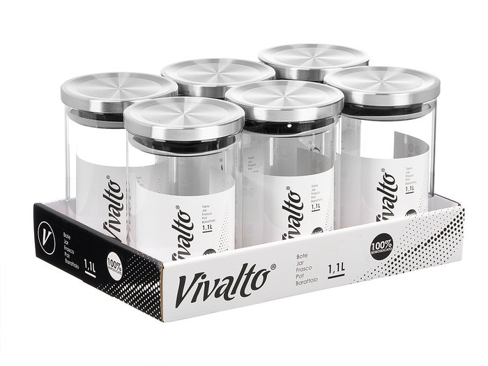 Vivalto Bocal rond en borosilicate 1,1 L avec couvercle en acier 10 x 16 x 10 cm (Set de 12)