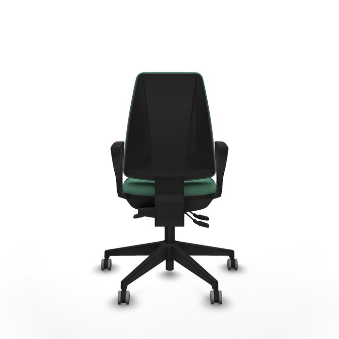 Chaise Elche Asynchrone Tissu Vert émeraude Base pyramidale noire Accoudoirs fixes Sans appui-tête Roulettes 65mm pour moquette Chaise Elche Asynchrone Tissu Vert émeraude Base pyramidale noire Accoudoirs fixes Sans appui-tête Roulettes 65mm pour moquette